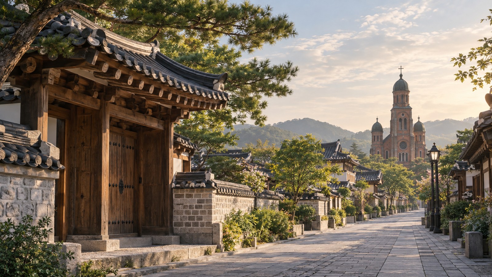 감영과 성당의 기억을 상징적으로 배치한 전주 풍경 · AI 창작