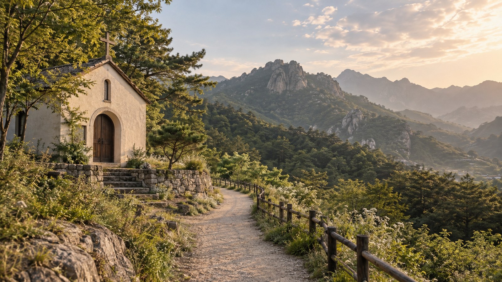 산자락의 작은 성당과 걷는 길을 표현한 AI 창작 풍경